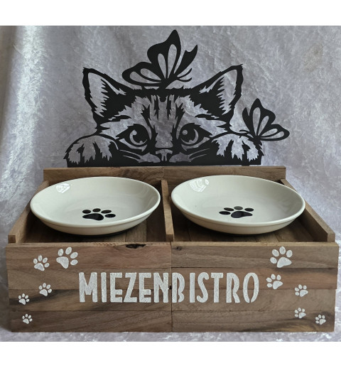 Katzen Futternapf Katzenkopf mit Schmetterlingen/Schoko Eiche