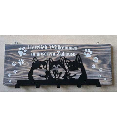 Garderobe Drei Huskys " Herzlich Willkommen"