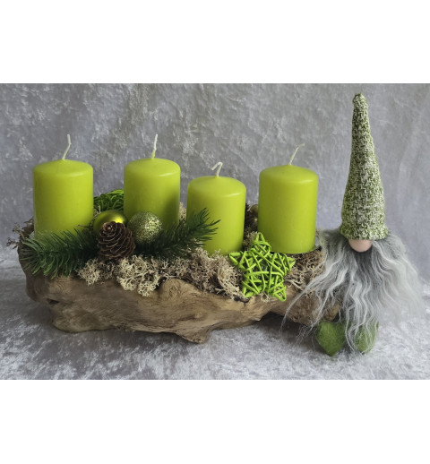 Adventsgesteck mit Wichtel/apfelgrün