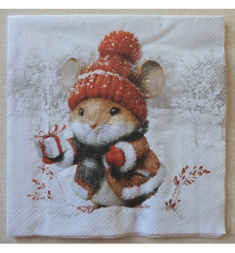 Serviette Maus mit Mütze und Geschenk