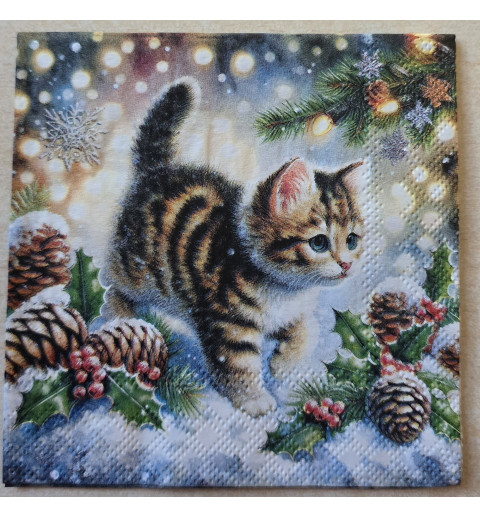 Serviette Katze im Schnee/Tannenzapfen