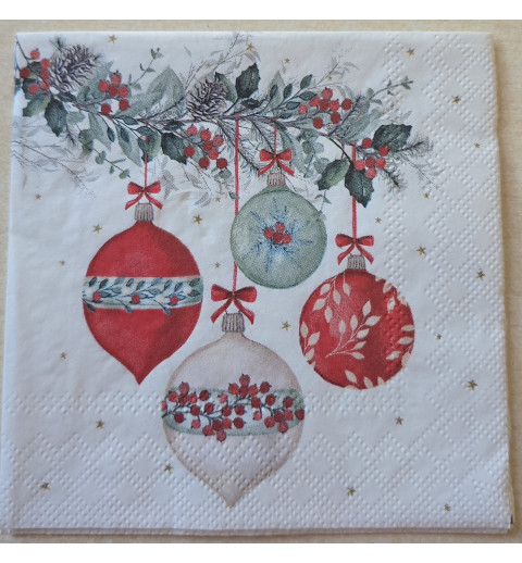 Serviette Vier Weihnachts Kugeln/rot-weiss
