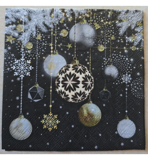Serviette Weihnachts Kugeln/schwarz-weiss-gold