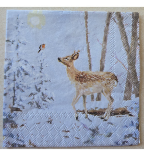 Serviette Reh und Vogel im Schneewald