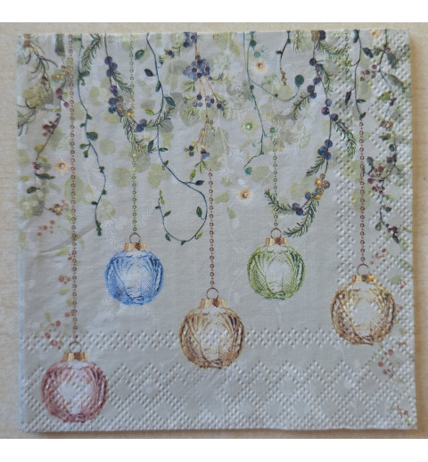Serviette Fünf Weihnachts Kugeln/braun-grün-blau-rosa