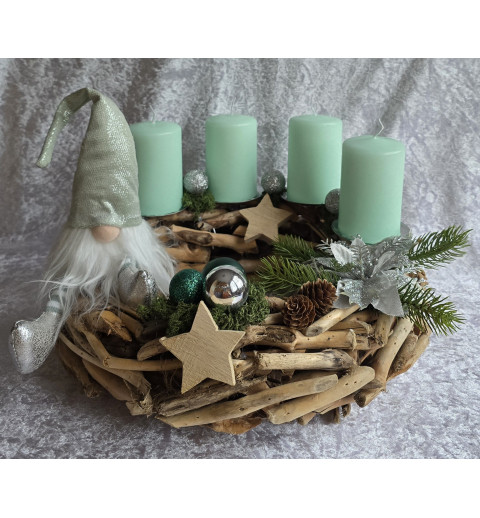 Adventsgesteck Schwemmholz rund Wichtel mint