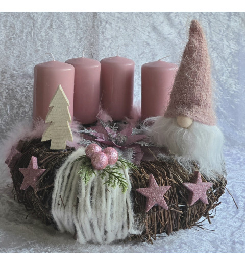 Adventsgesteck Reben rund Wichtel/rosa