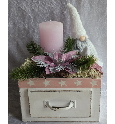 Weihnachts Kiste mit Kerze/Wichtel/rosa-weiss