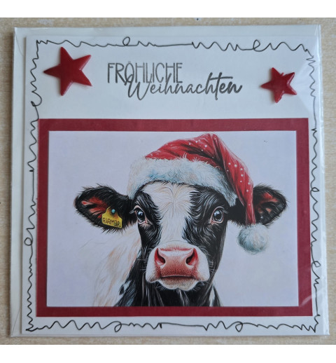 Karte Kuh mit Weihnachtsmütze rot-creme 1