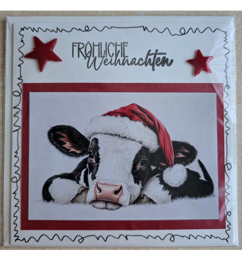 Karte Kuh mit Weihnachtsmütze rot-creme 2
