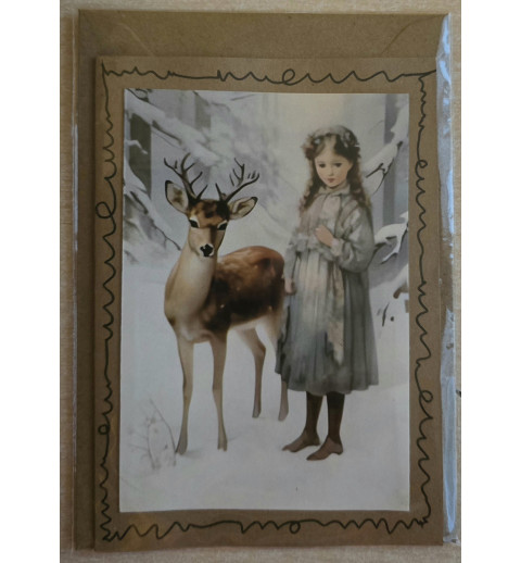 Karte Mädchen und Reh im Winterwald