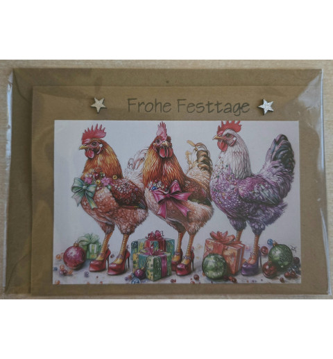 Karte Bunte Weihnachts Hühner und Hähne 1