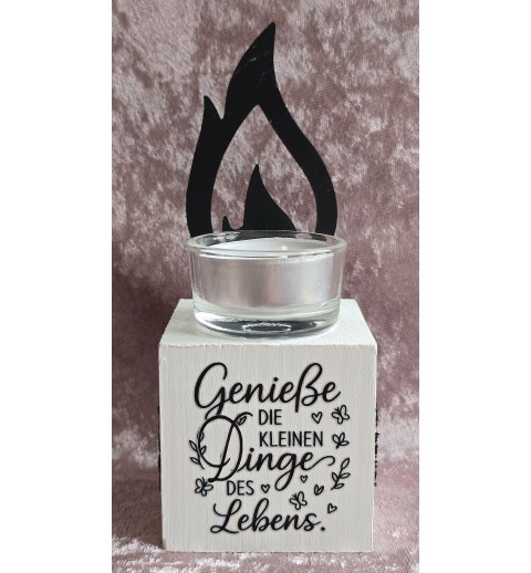 Teelicht mit Flamme "Geniesse die kleinen...." schwarz/weiss