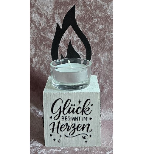 Teelicht mit Flamme "Glück beginnt...." schwarz/weiss