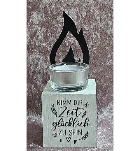 Teelicht mit Flamme "Nimm Dir Zeit glücklich...." schwarz/weiss