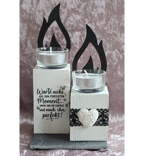 Teelicht mit Flamme 2er Set "Warte nicht...." schwarz/weiss