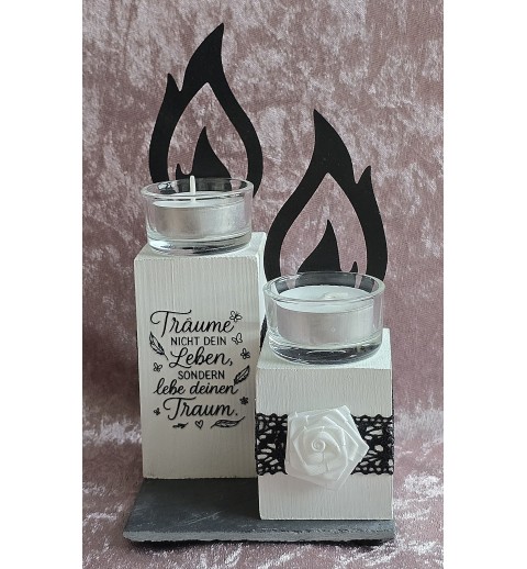 Teelicht mit Flamme 2er Set "Träume nicht...." schwarz/weiss