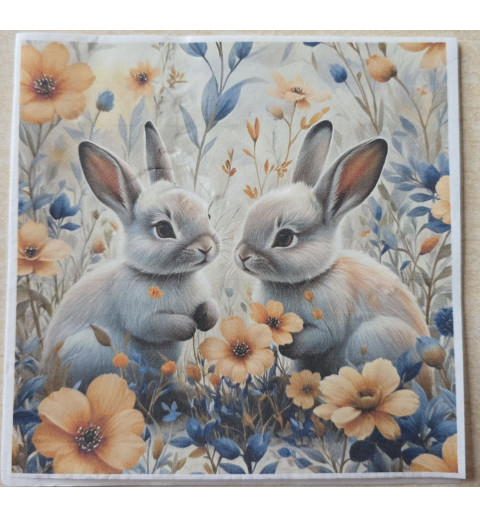 Serviette Zwei Kaninchen/Blumen lachs-blau
