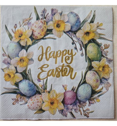 Serviette Happy Easter im Eier/Blumen Kranz