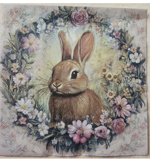 Serviette Kaninchen im Blumenkranz beige-rosa
