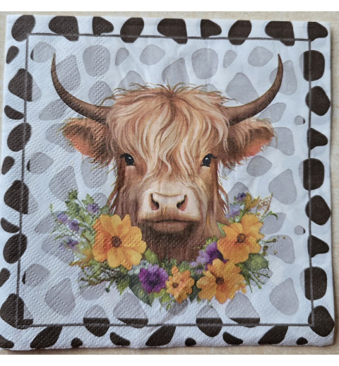 Serviette Hochlandrind Kopf/Blumen