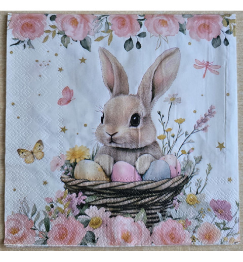 Serviette Kaninchen im Körbchen/Eier/Blumem