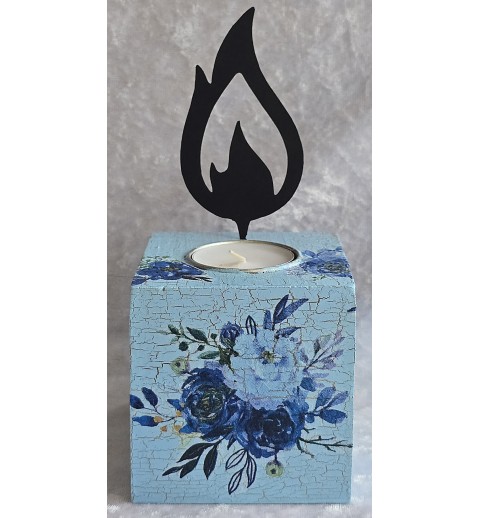 Teelicht mit Metall Flamme Rosen/blau