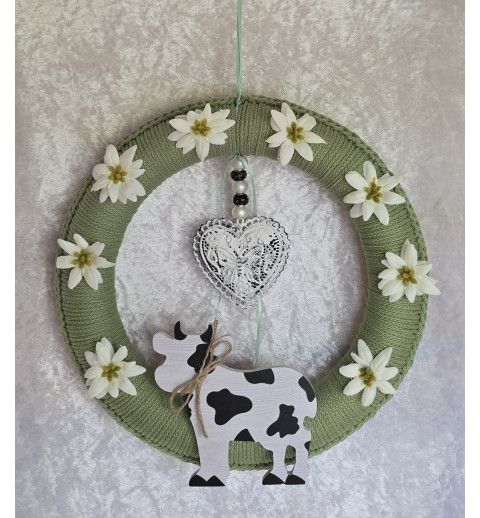 Tür/Wanddeko Ring Kuh/Edelweiss grasgrün
