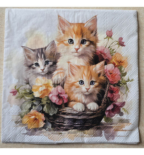 Serviette Drei Katzen im Blumenkorb