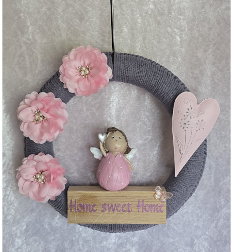 Tür/Wanddeko Ring Engel/Home sweet Home grau-rosa