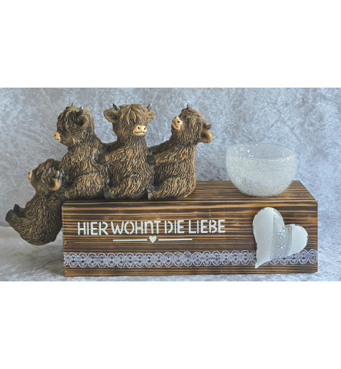 Teelicht Balken Vier Hochlandrinder/Hier wohnt die Liebe/geflammt