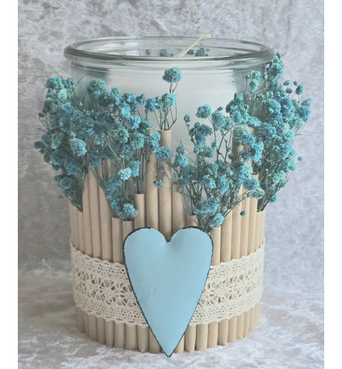 Kerzen Glas Trockenblumen türkis