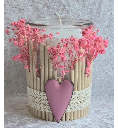 Kerzen Glas Trockenblumen rosa