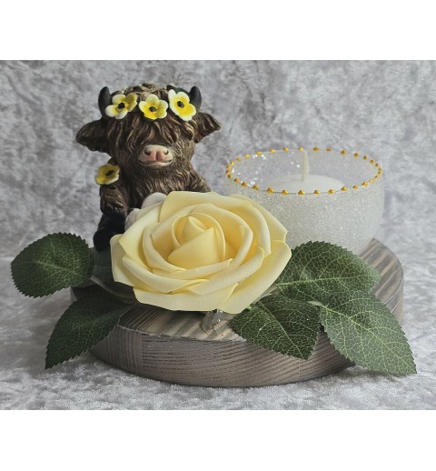 Teelicht Scheibe Hochlandrind/Rose gelb