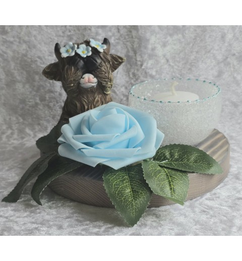 Teelicht Scheibe Hochlandrind/Rose hellblau