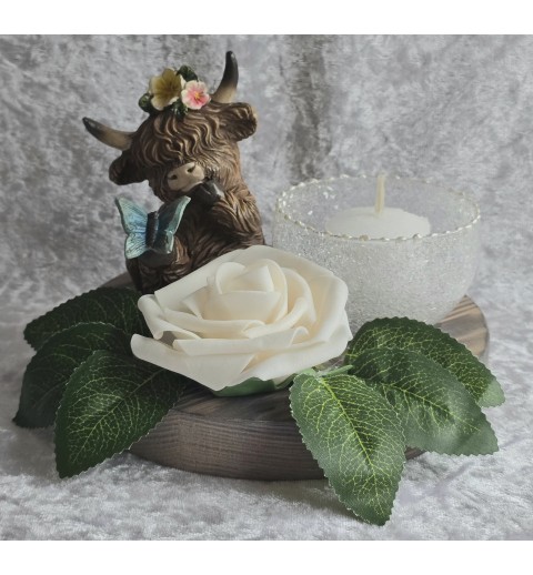Teelicht Scheibe Hochlandrind/Rose creme