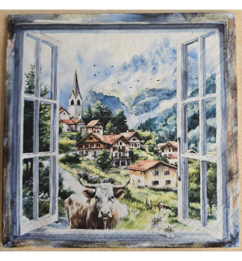 Serviette Fenster/Kuh/Dorf/Berge