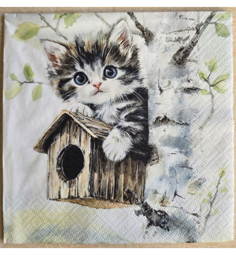 Serviette Katze/Baum/Vogelhäuschen