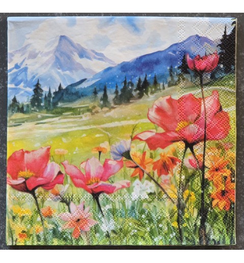 Serviette  Wiese/Berge/Mohnblumen