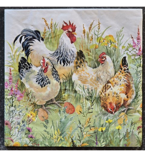 Serviette Hahn mit drei Hühnern