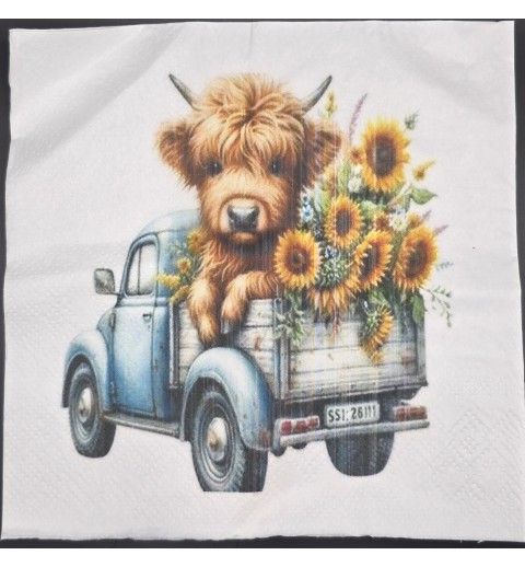 Serviette Hochlandrind/Auto/Sonnenblumen