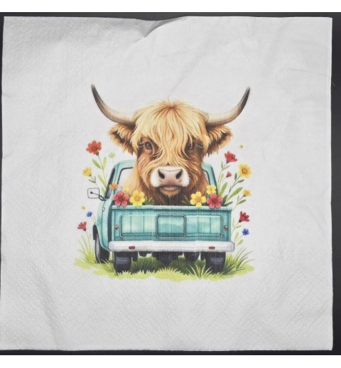Serviette Hochlandrind im Auto/Blumen