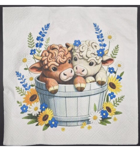 Serviette Zwei Kälber im Fass/Blumen