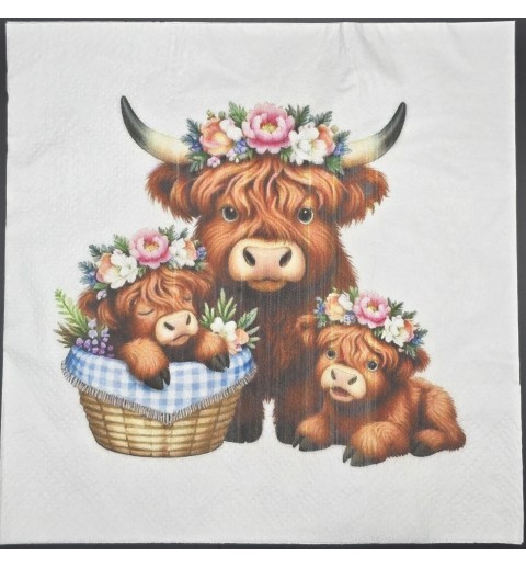 Serviette Hochlandrind mit zwei Kälbern/Blumen