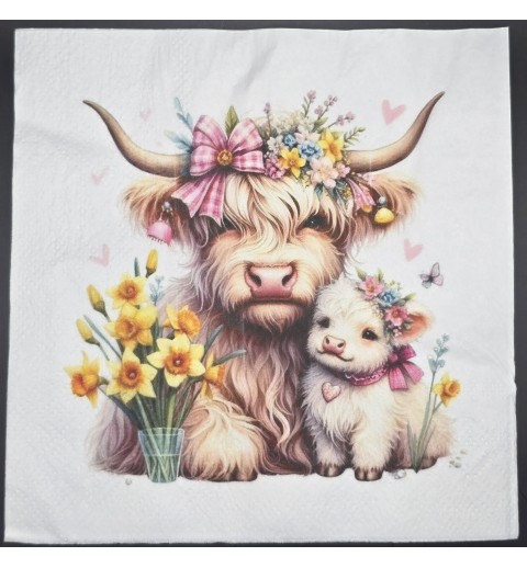 Serviette Hochlandrind mit Jungem/Blumen