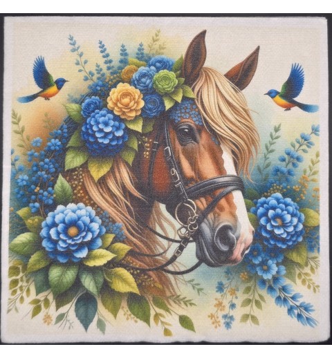 Serviette Pferdekopf mit blauen Blumen und Vögel