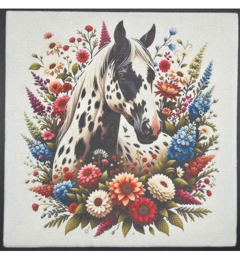 Serviette Pferdekopf s/w mit bunten Blumen