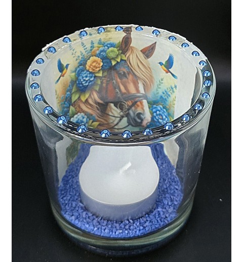 Teelicht Glas mit Pferdekopf Motiv blau