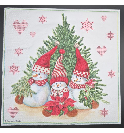 Serviette Drei Schneemänner/Tannenbaum