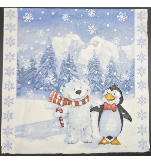 Serviette Eisbär und Pinguin/Winterlandschaft blau-rot